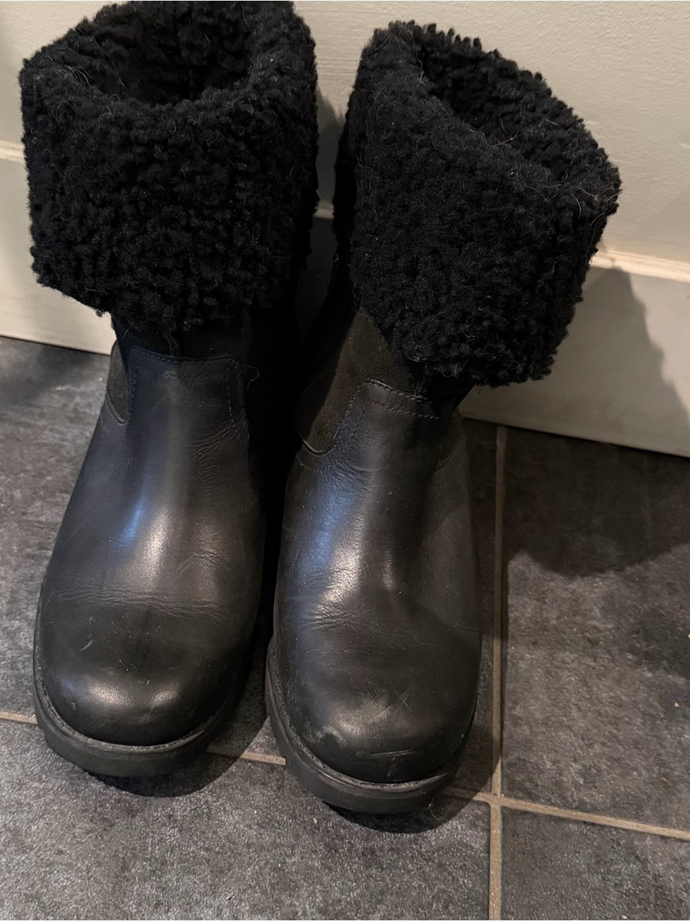 UGG Black Leather Shearling Cuff Buckle Boot - Picture 3 of 10
